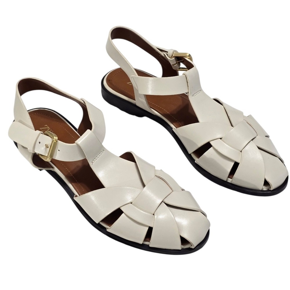 Zara Off White Cream Caged Fisherman Sandals Gold Buckle Flat Shoes 39 2507/510
